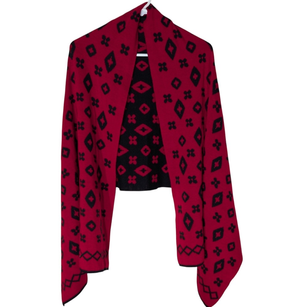 Vintage Reversible Shawl‎ Wrap Red Black Geometric Soft Boho Chic Gypsy Hipster